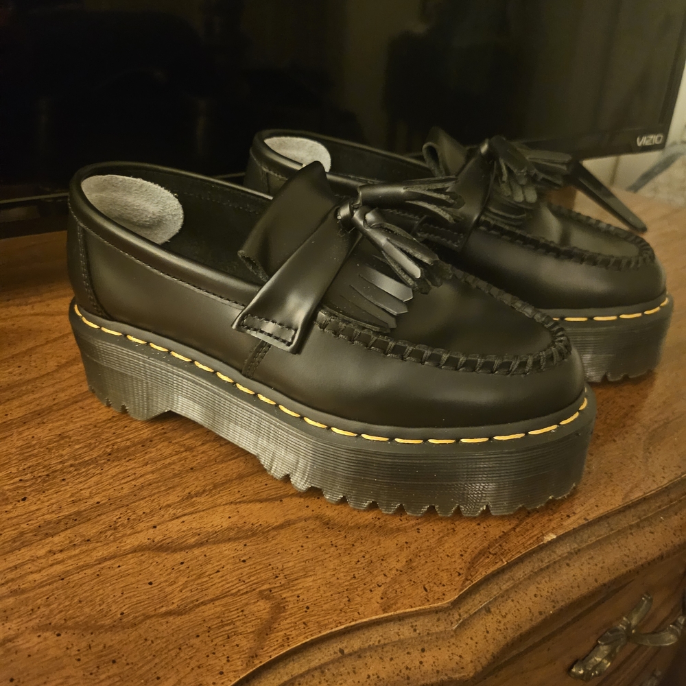 Dr. Martens Adrian Quad Platform Black Leather Loafers Roomy Fit